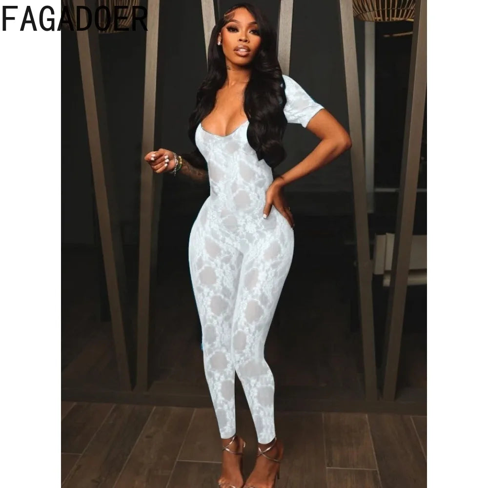 FAGADOER Sexy Lace Perspective Bodycon Jumpsuits Women Deep V Backless Long Sleeve Slim Playsuits Fashion Hollow Out Overalls