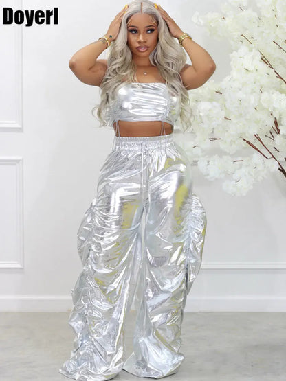 Gold Sliver Metallic Birthday Outfits Women Two Peice Sets Club Party Crop Top and Pants Streetwear Hip Hop Rave Festival Outfit