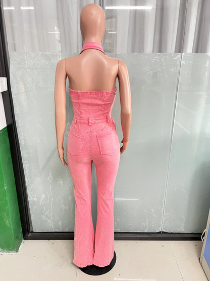 Pink Jeans Cargo Jumpsuit Sexy Women Halter Elegant Denim Stretch Casual Overalls Romper