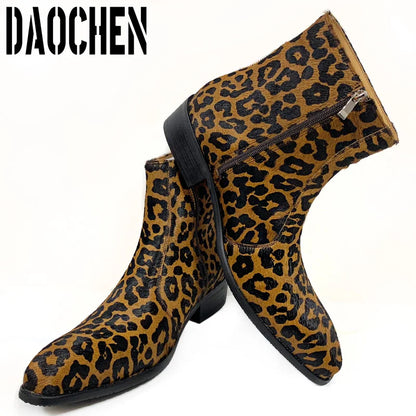 Luxury Men Chelsea Boots Mid-Calf Boots High Grade Leopard Prints Horse Hair Zipper Casual Dress Boots Leather Shoes Men