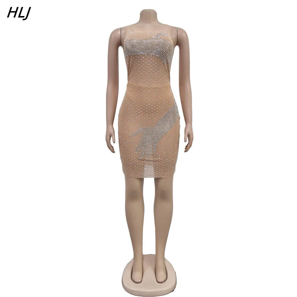 HLJ Sexy Mesh Perspective Rhinestone Bodycon Party Club Mini Dresses Women Round Neck Sleeveless Slim Vestidos Fashion Clothing