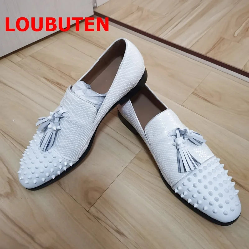 LOUBUTEN Snakeskin Pattern White Loafers With Rivets Genuine Leather Men Tassel Shoes Party Wedding Dress Shoes Red Bottoms