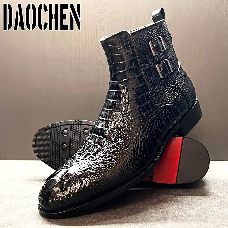 Luxury Men Ankle Boots Shoes Black Brown Crocodile Printed Zipper Chelsea Double Buckle Genuine Leather Dress Men Boots