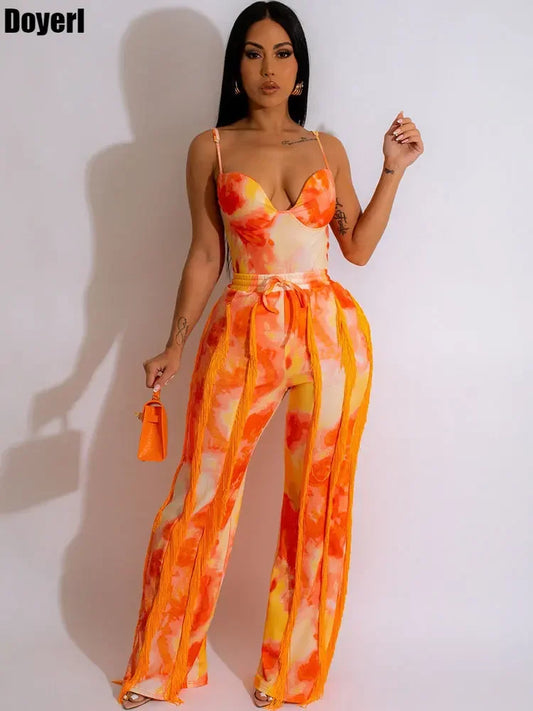 Tie Dye Printing Two Piece Set for Women Pant Sets Festival Outfits Clubwear Bodysuit Top and Fringe Tassel Pants Matching Sets