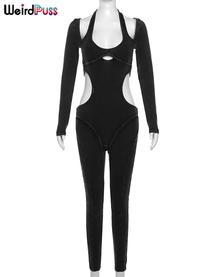 Weird Puss Ribbed Halter Jumpsuit Women Waistless Casual Tight Soft Long Sleeve Skinny Elastic Activity Hipster Fitness Overalls