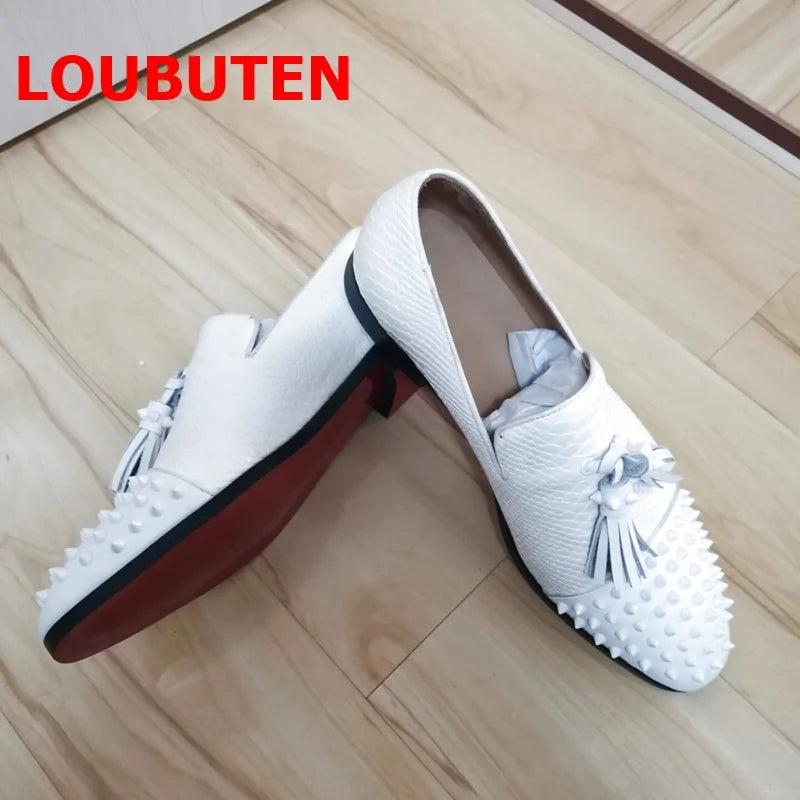 LOUBUTEN Snakeskin Pattern White Loafers With Rivets Genuine Leather Men Tassel Shoes Party Wedding Dress Shoes Red Bottoms