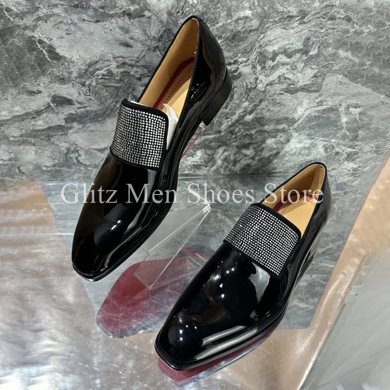 New Rhinestone Black Leather Shoes Glossy Small Square Toe Loafers Business Dress Men's Leather Shoes Formal Wedding Shoes