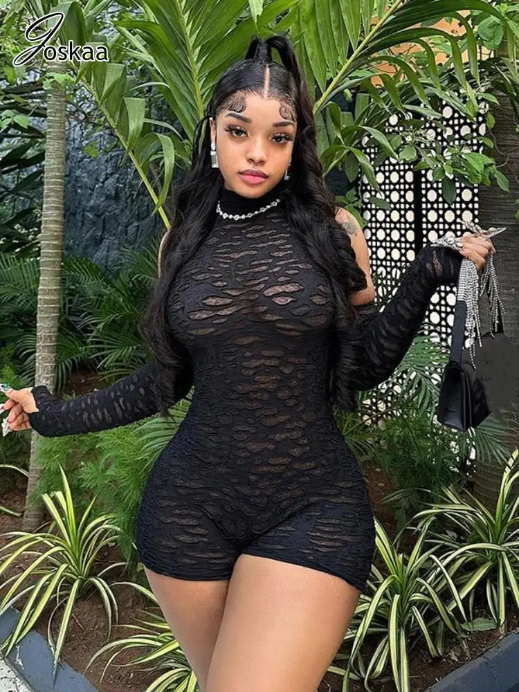 Joskaa Sexy Mesh See Through Black Playsuits Women Stunning Off Shoulder Long Sleeve Skinny One Piece Overalls 2024 Clubwear