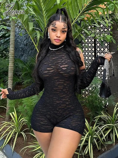 Joskaa Sexy Mesh See Through Black Playsuits Women Stunning Off Shoulder Long Sleeve Skinny One Piece Overalls 2024 Clubwear