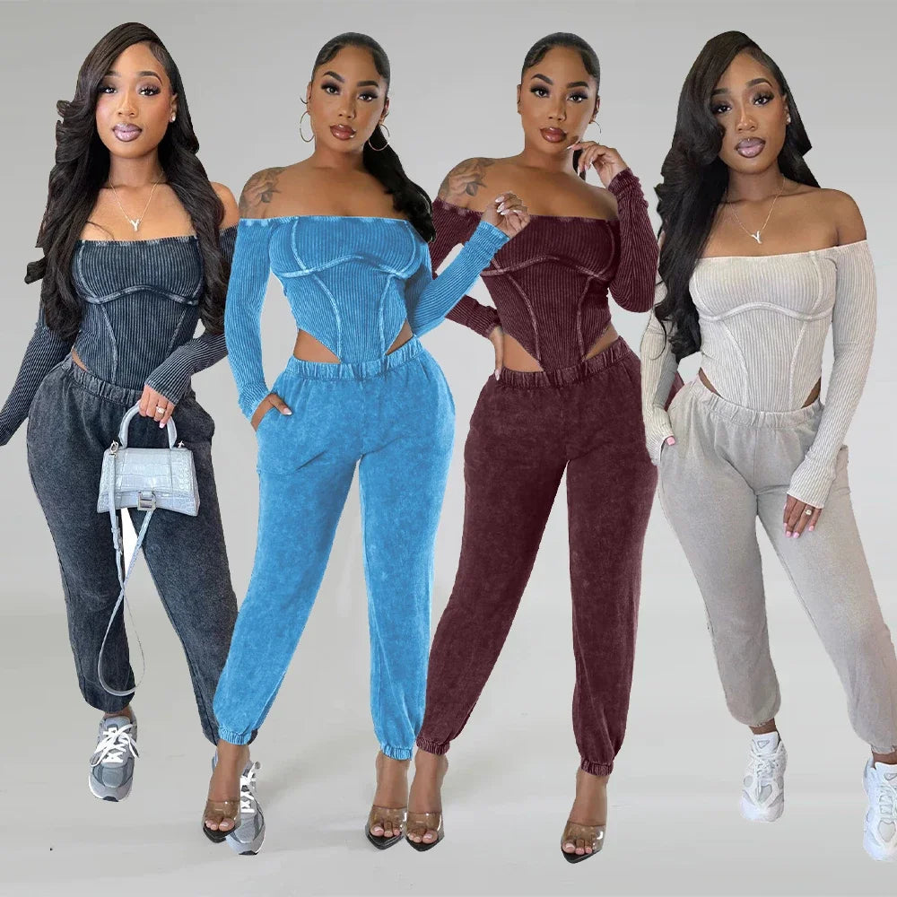 Fitness Women Tracksuits Joggers Two Piece Set Elegant 2 Pieces Sets Sweatsuit 2023 Women Fall Winter Ribbed Two Piece Pant Sets