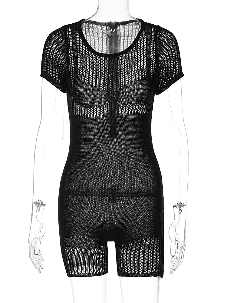 Hugcitar Solid Knitted Short Sleeve Zip Up Sexy Bodycon Skinny One Piece Playsuit 2023 Summer Fashion Streetwear Sport Romper