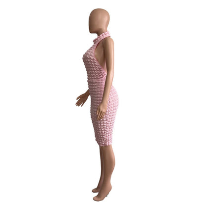 Popcorn Halter Women Backless Bodycon Midi Dress 2023 Summer Solid Sexy Sleeveless Casual Party Dresses Slim Stacked Vestidos