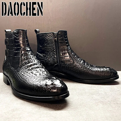 Luxury Men Ankle Boots Shoes Black Brown Crocodile Printed Zipper Chelsea Double Buckle Genuine Leather Dress Men Boots