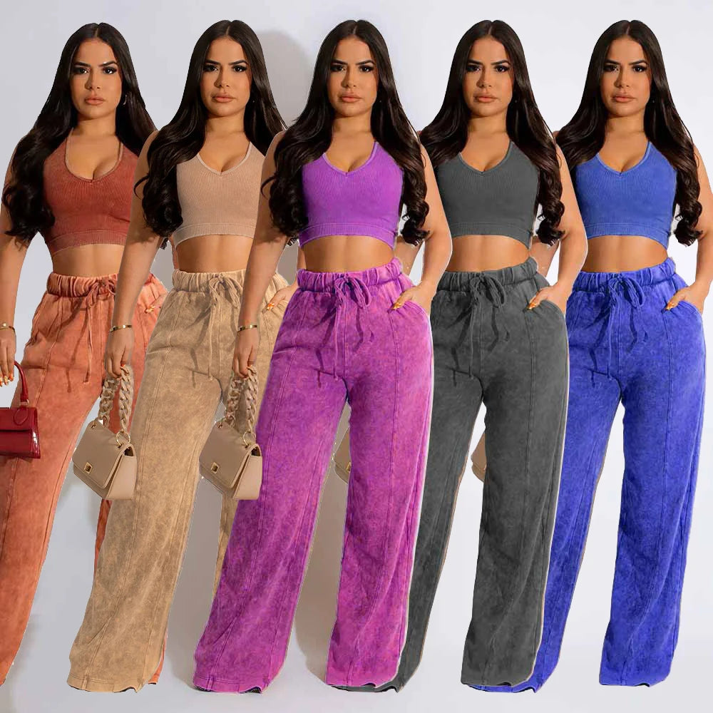 Sexy Ladies 2 Piece Set Outfits Long Pant Trousers 2023 Women Summer Clothing Elegant Casual Crop Tops T Shirts Two Piece Sets