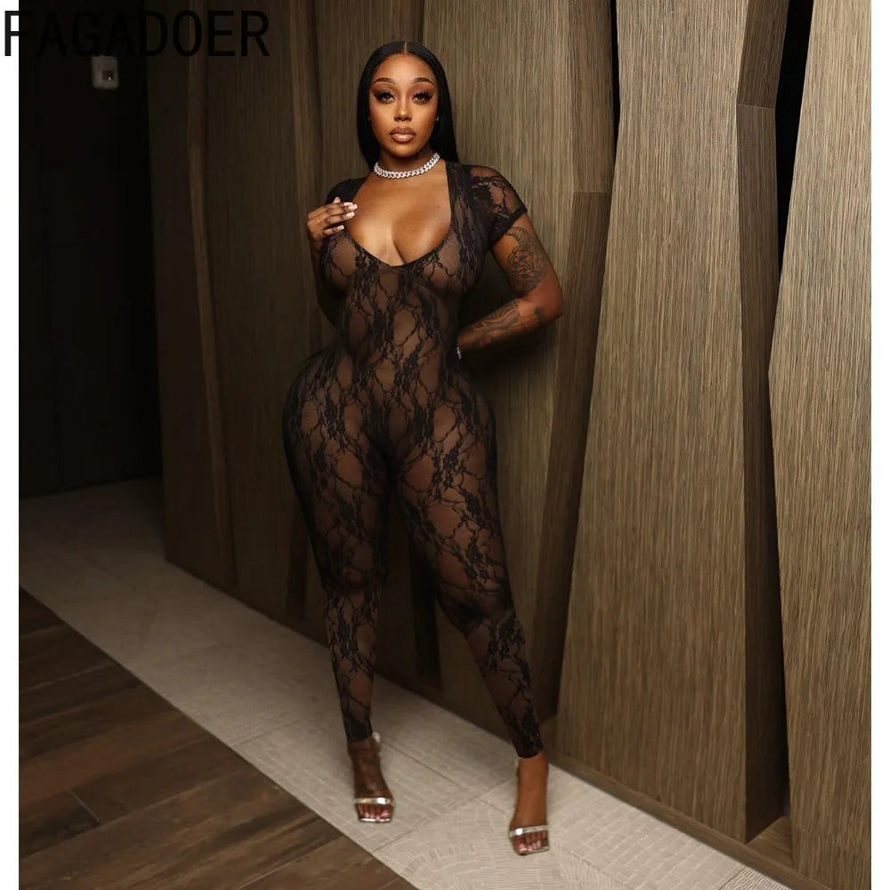 FAGADOER Sexy Lace Perspective Bodycon Jumpsuits Women Deep V Backless Long Sleeve Slim Playsuits Fashion Hollow Out Overalls