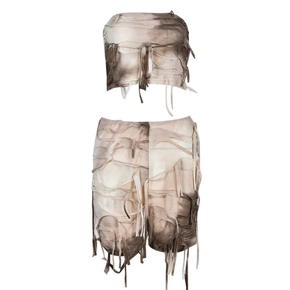 Tie Dye 2 Piece Shorts Pant Suit Set Sexy Distressed Outfit Y2K Streetwear 2023 Women Clothes Summer Fringe Top Pant 2 Piece Set