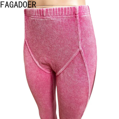 FAGADOER Casual High Quality Ribber Sporty Two Piece Sets Women Round Neck Short Sleeve Crop Top And Legging Pants Tracksuits