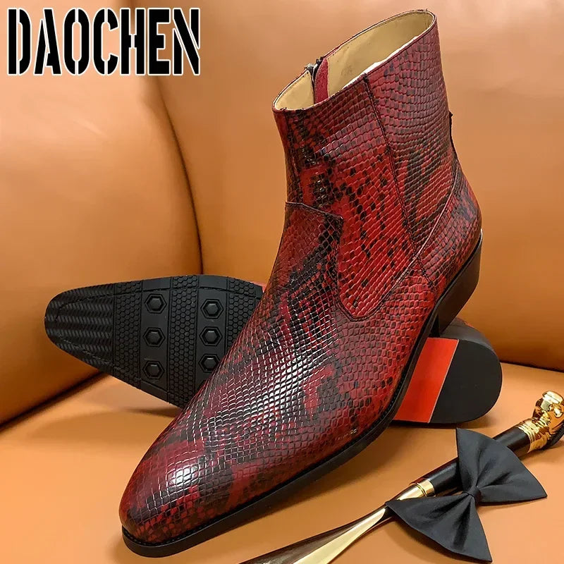 Luxury Brand Men's Boots High Zipper Mid-Calf Boots Slip On Python Casual Shoes Red White Basic Boots Leather Shoes Men