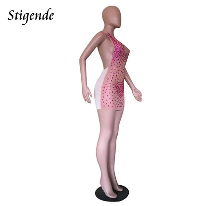 Stigende Women Patchwork Transparent Mesh Dress See Through Night Party Mini Dress Sexy Backless Rhinestone Dress