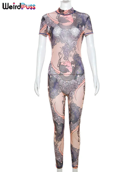 Weird Puss See Through Jumpsuit Women Fit Short Sleeve Backless Thin Mesh Figure Print Hipster Sexy Stretch Activity Overalls