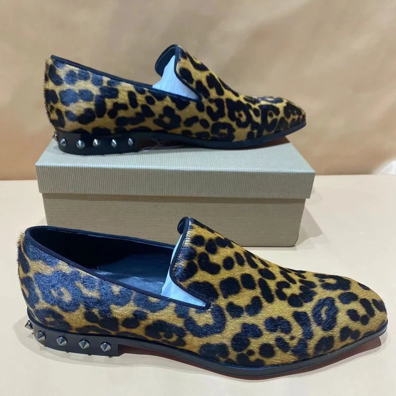 Italy Horsehair Leather Loafers Fashion Leopard Print Mens Shoes Handmade Rivets Shoes For Men Slip On Dress Shoes Party Shoes