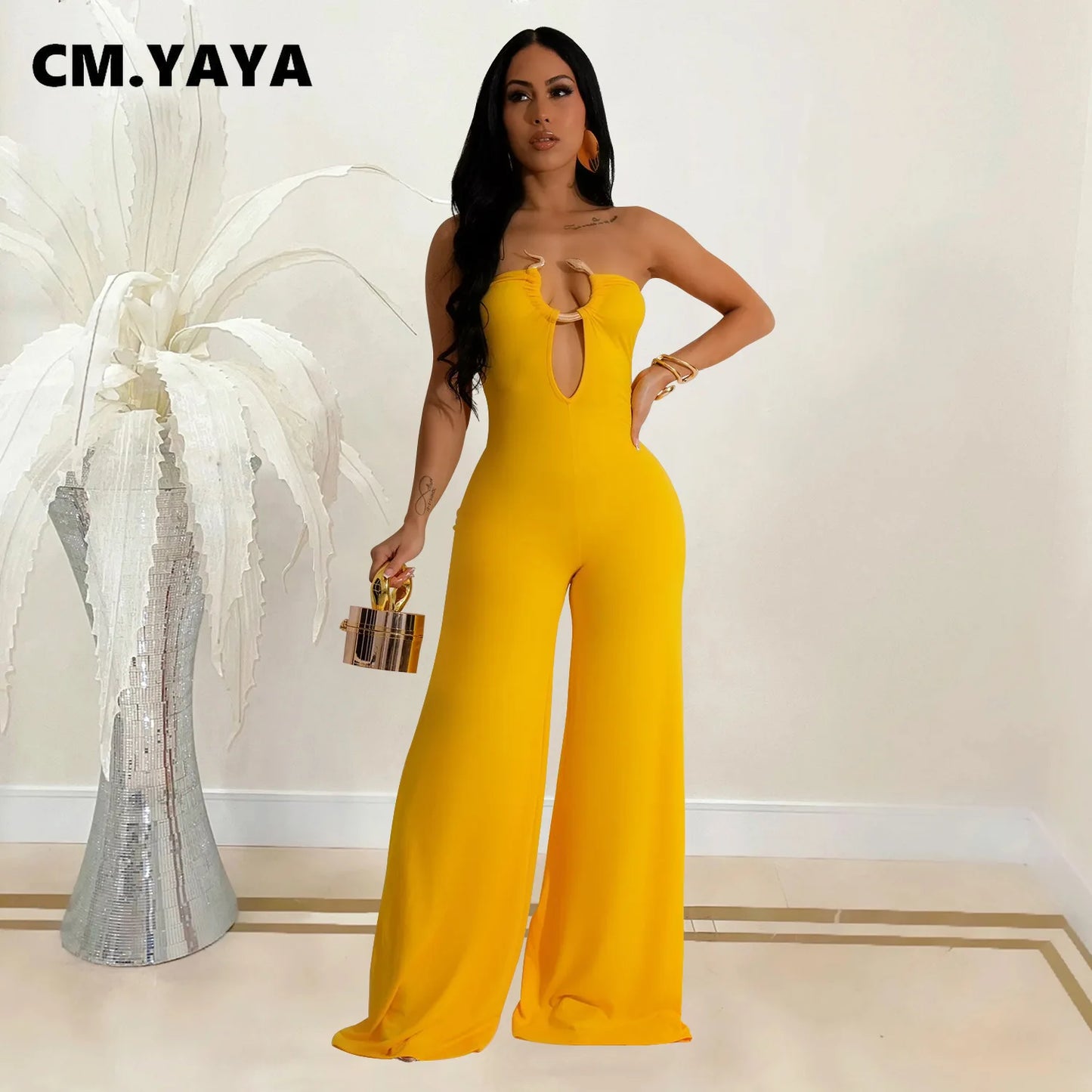 CM.YAYA Women Wide Leg Deep V-Neck Sleeveless Jumpsuits 2024 Summer Hollow Out Night Street Club Playsuit One Piece Suit Romper