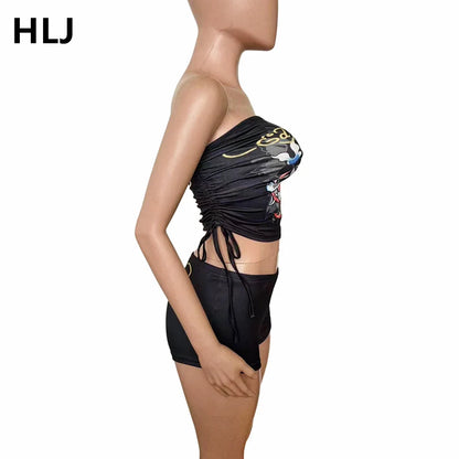 HLJ Fashion Y2K Graffiti Print Tube Two Piece Sets Women Off Shoulder Sleeveless Backless Crop Top And Shorts Outfits Streetwear