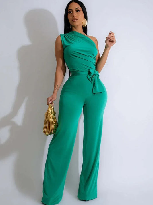 Sexy One Shoulder Wide Leg Jumpsuits Woman Elegant Party Club Sleeveless High Waist One Piece Jumpsuit Women Romper with Slash