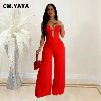 CM.YAYA Women Wide Leg Deep V-Neck Sleeveless Jumpsuits 2024 Summer Hollow Out Night Street Club Playsuit One Piece Suit Romper