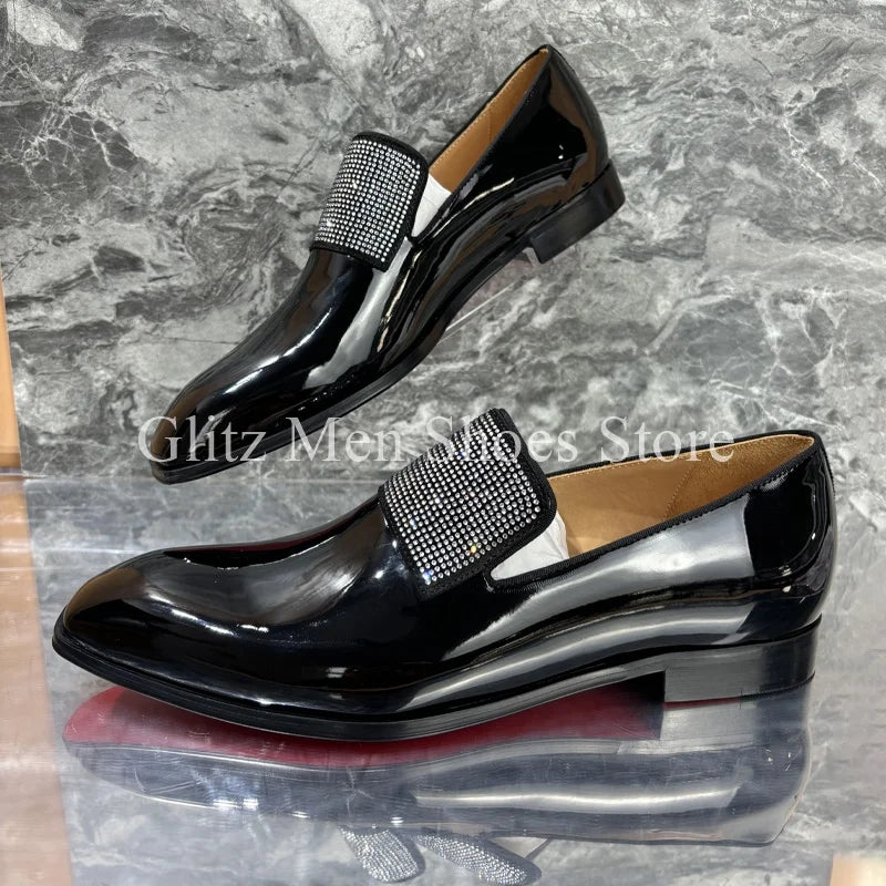 New Rhinestone Black Leather Shoes Glossy Small Square Toe Loafers Business Dress Men's Leather Shoes Formal Wedding Shoes