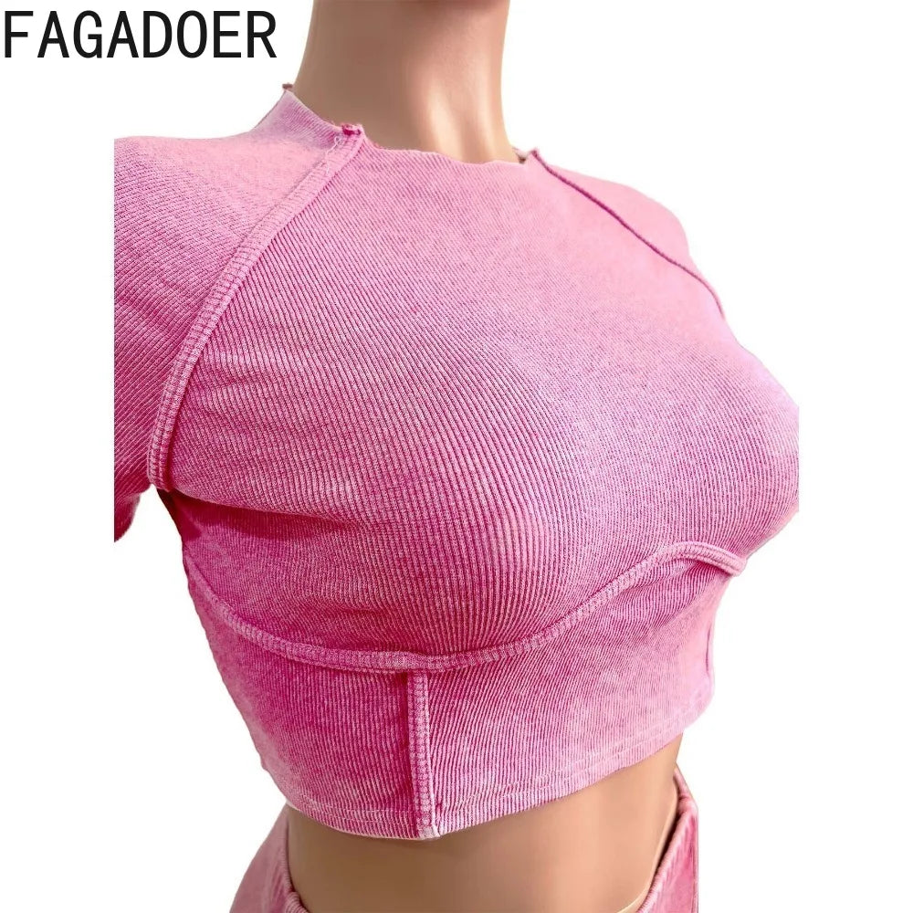 FAGADOER Casual High Quality Ribber Sporty Two Piece Sets Women Round Neck Short Sleeve Crop Top And Legging Pants Tracksuits