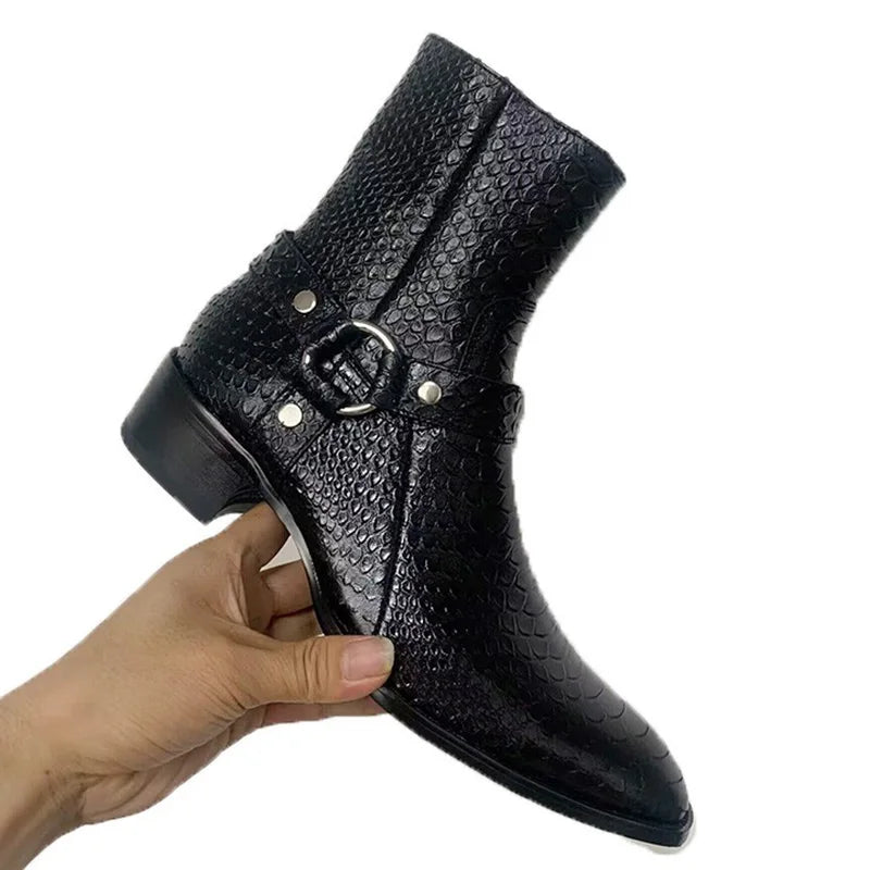 Fashion Men Snakeskin Print Leather Boots Point Toe Booties Mujer Botas Zip Wedding Dress Shoes Party Male Side Buckle