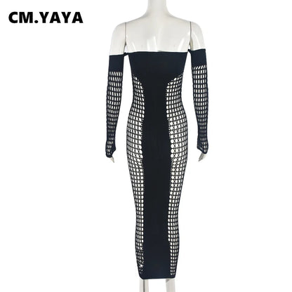 CM.YAYA Summer Full Sleeve Long Dress Mesh Hollow Out 2024 Strapless Evening Vestidos Sexy Party Club Maxi Dresses Vestidos