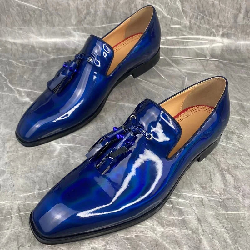 Blue Bright Leather Shoes Men Tassel Loafers Luxury Mens Patent Leather Dress Shoes Summer Designer Flats Business Casual Shoes