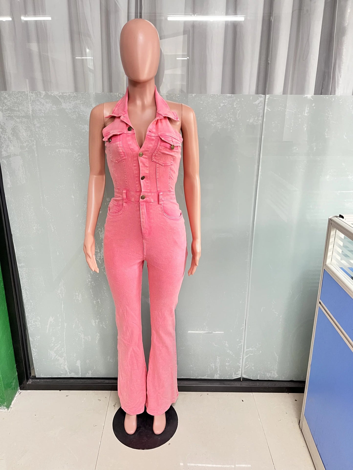 Pink Jeans Cargo Jumpsuit Sexy Women Halter Elegant Denim Stretch Casual Overalls Romper