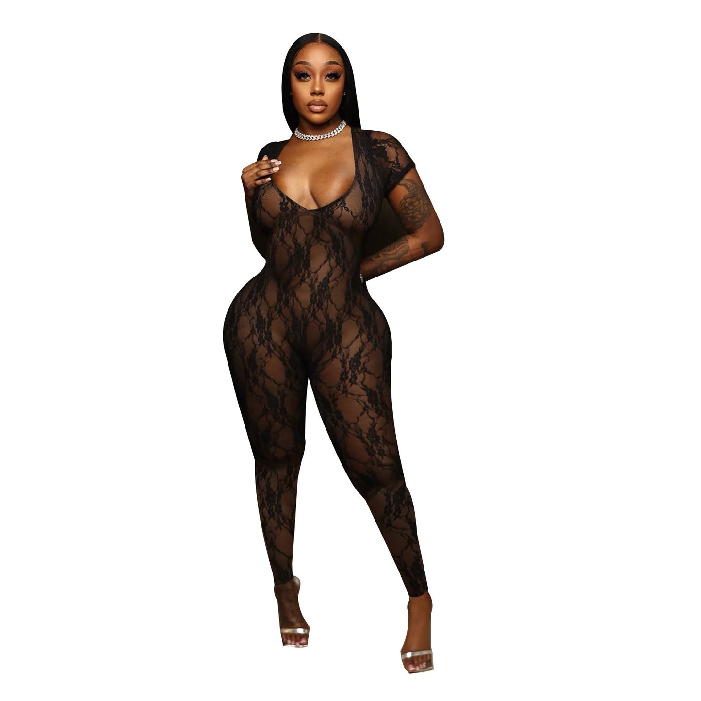 FAGADOER Sexy Lace Perspective Bodycon Jumpsuits Women Deep V Backless Long Sleeve Slim Playsuits Fashion Hollow Out Overalls