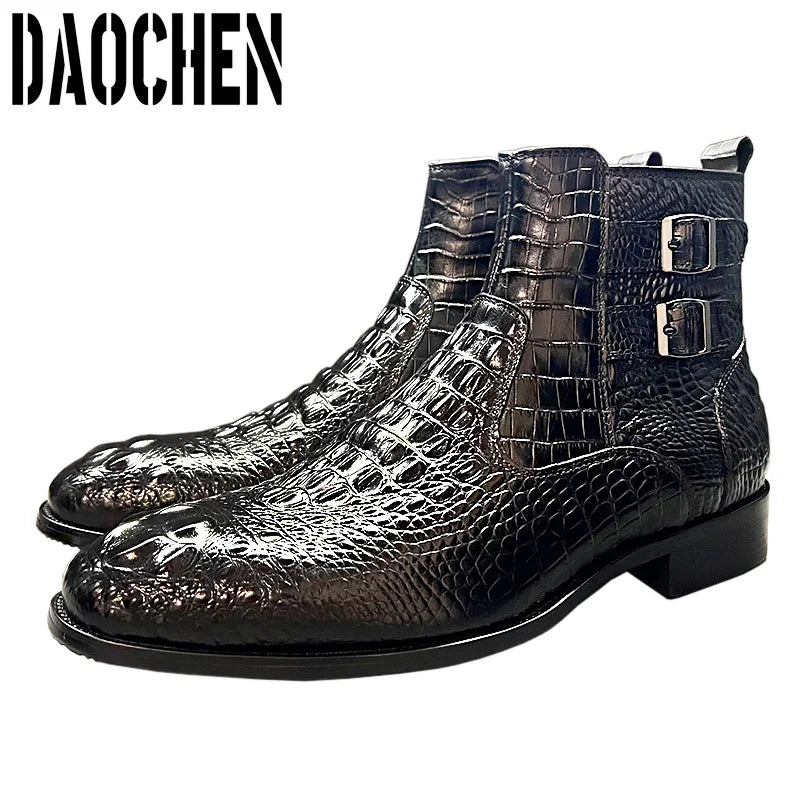 Luxury Men Ankle Boots Shoes Black Brown Crocodile Printed Zipper Chelsea Double Buckle Genuine Leather Dress Men Boots