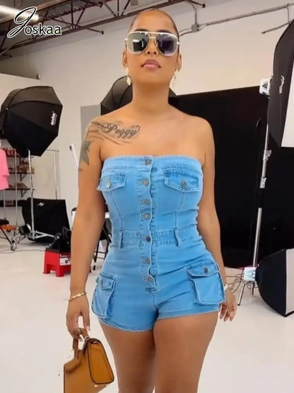 Joskaa Casual Blue Elastic Denim Playsuits Women Hipster Sexy Wrap Chest Single Breasted Slim One Piece Overalls 2024 Streetwear