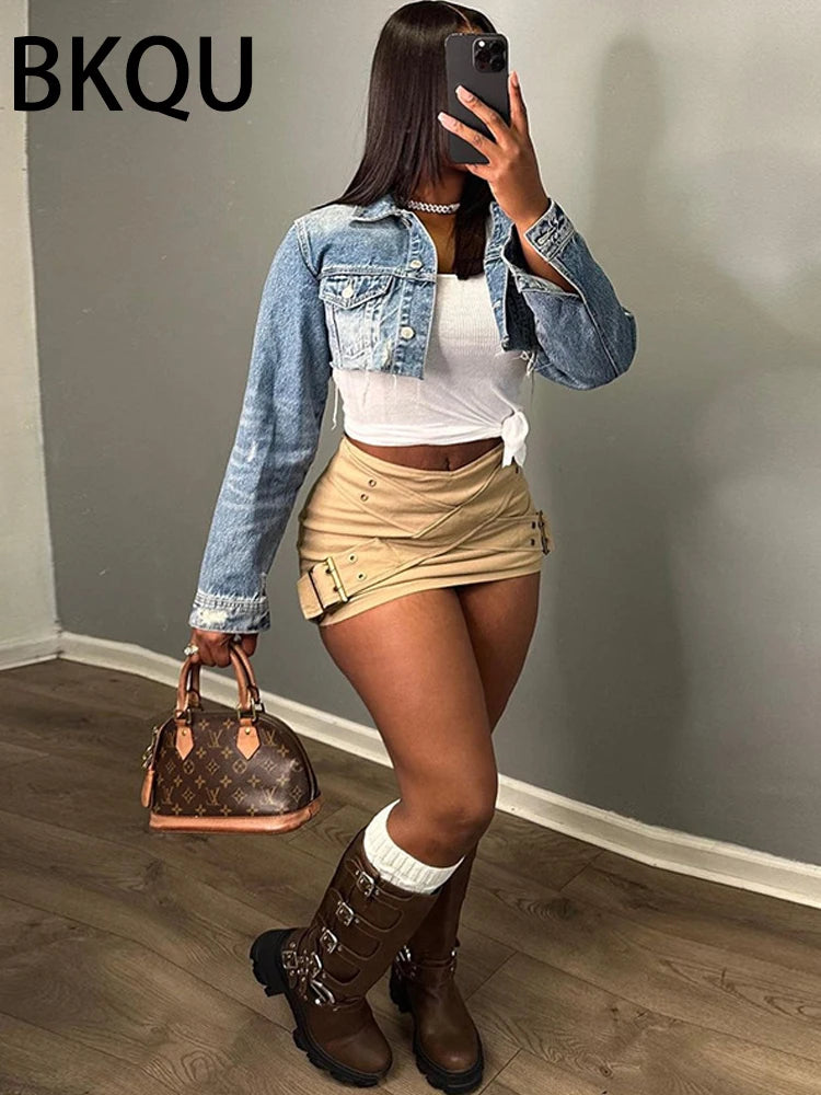 BKQU Black Low Waist Mini Skirts Women 2024 Fashion Cross Belt Hip Skirt Aesthetic Fairy Streetwear Vintage Khaki A-line Skirt