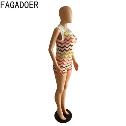 FAGADOER Summer New Stripe Printing Knitting Rompers Women V Neck Button Sleeveless Bodycon Jumpsuits Fashion Slim Overalls 2024