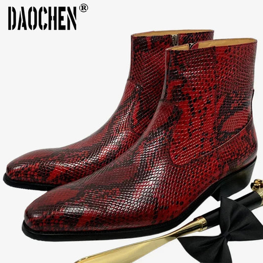 Luxury Brand Men's Boots High Zipper Mid-Calf Boots Slip On Python Casual Shoes Red White Basic Boots Leather Shoes Men