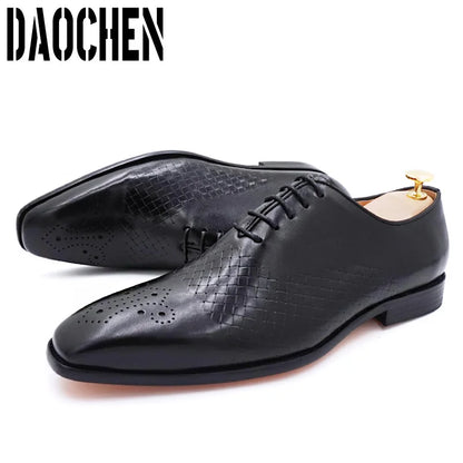 Italian Brand Men's Dress Shoes Lace Up Black Brown Weave Genuine Leather Mens Shoes Wedding Office Oxford Shoes For Men