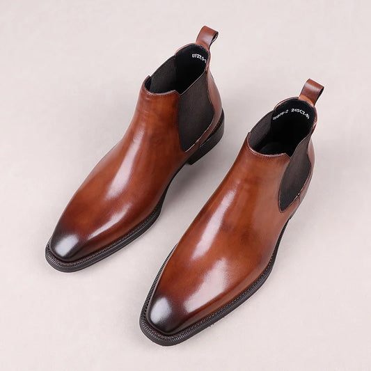 Designer Tan / Black Dress Shoes Mens Ankle Boots Genuine Leather Boots Male Business Shoes