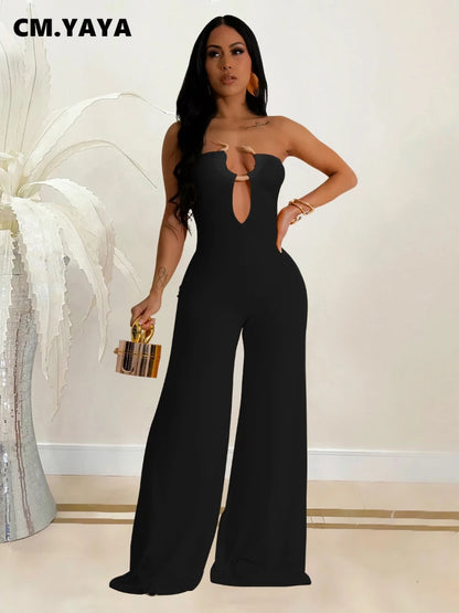 CM.YAYA Women Wide Leg Deep V-Neck Sleeveless Jumpsuits 2024 Summer Hollow Out Night Street Club Playsuit One Piece Suit Romper