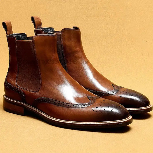 Genuine Leather Men's Ankle Boots Classic Italian High Top Dress Shoe Slip On Formal Shoes For Men Black Chelsea Leather Boot