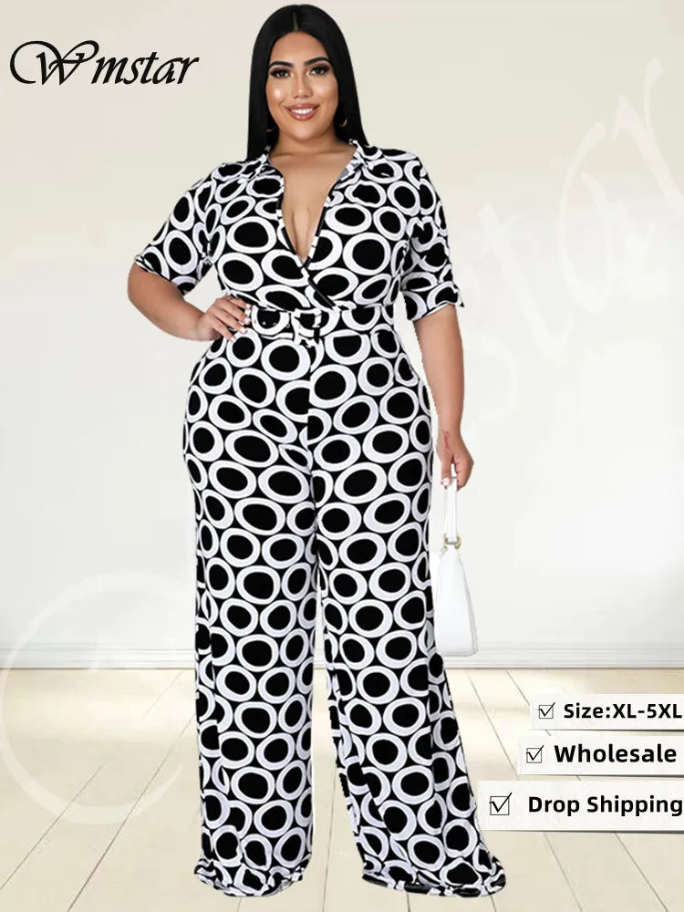 Wmstar Plus Size Women Jumpsuit Summer Clothes Printed V Neck with Belt Urban Leisure Bodysuit New 2022 Wholesale Dropshipping