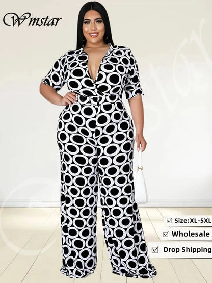 Wmstar Plus Size Women Jumpsuit Summer Clothes Printed V Neck with Belt Urban Leisure Bodysuit New 2022 Wholesale Dropshipping