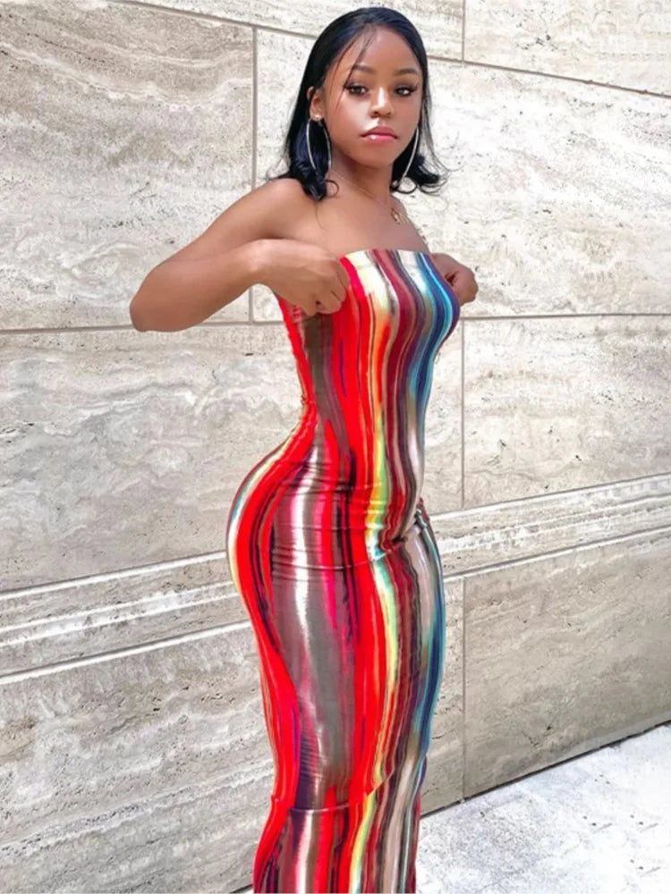 Spring And Summer Dresses For Women Chest Wrap Printed Off Shoulder Bandage Slim Sexy Long Dress 2023 New Fashion party MsChuh