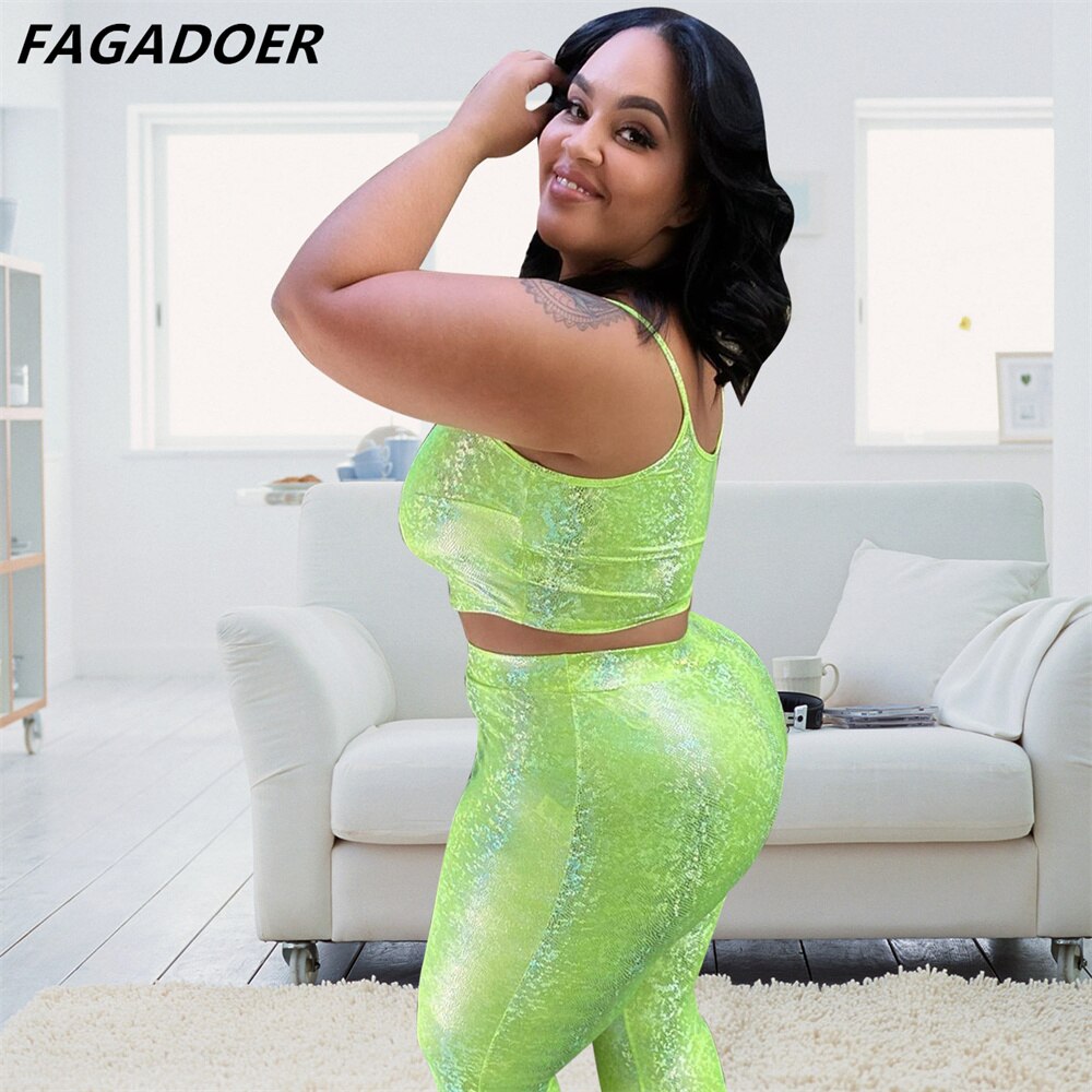 FAGADOER Green XL-5XL Plus Size Two Piece Sets Women Strap Sleeveless Crop Top And Skinny Pants Sexy Fashion Club Party Clothing