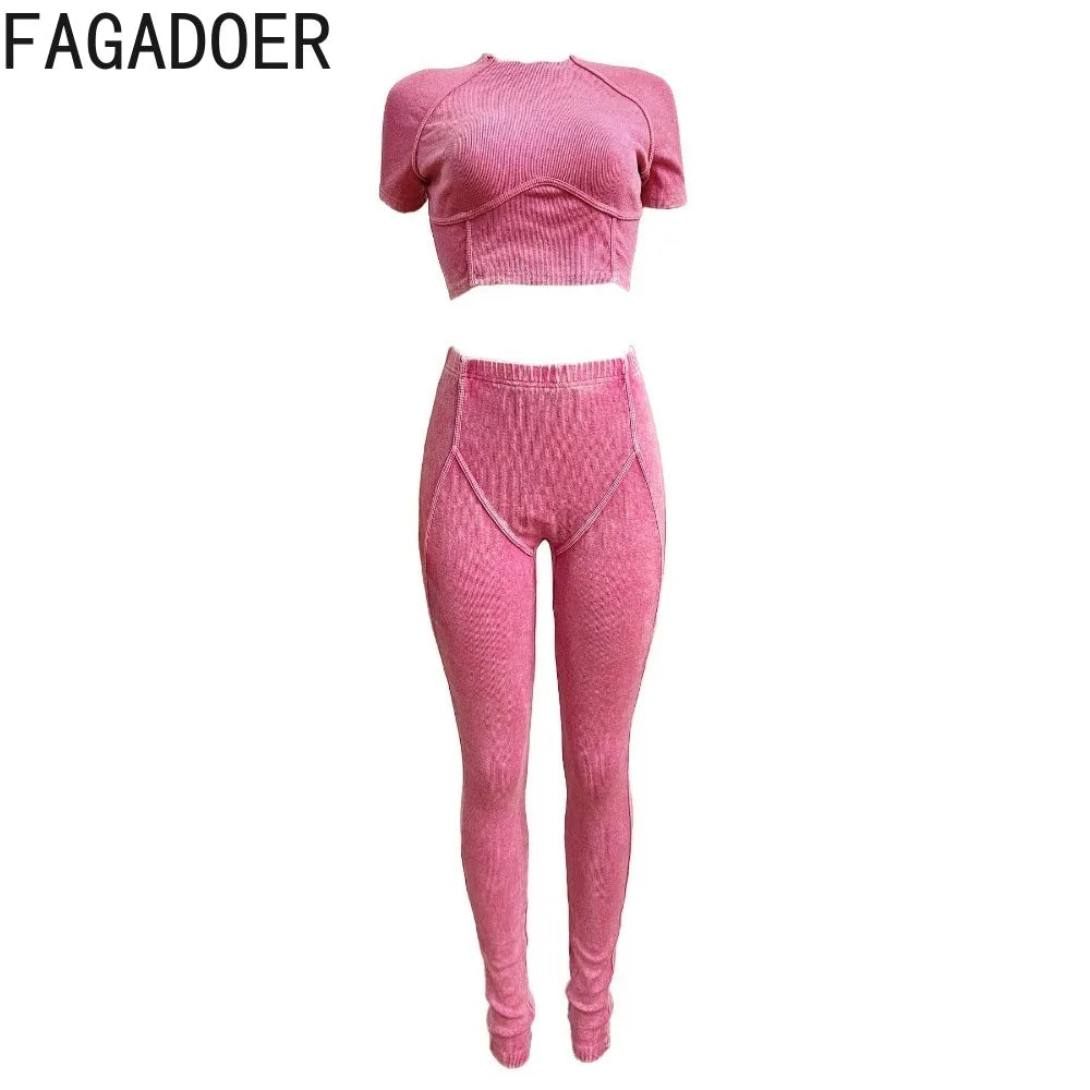 FAGADOER Casual High Quality Ribber Sporty Two Piece Sets Women Round Neck Short Sleeve Crop Top And Legging Pants Tracksuits